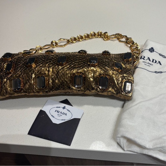Prada Gold Python Whip Pietre Evening Clutch/Shoulder Bag with large Gemstones - Picture 9 of 17
